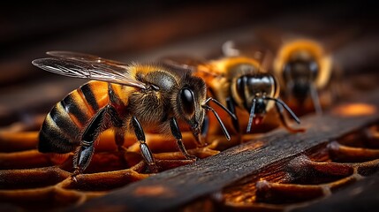 Honeybees on Honeycomb with Closeup Macro.