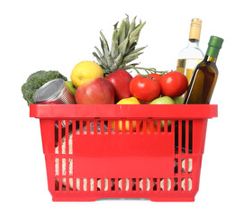 Shopping basket with different products isolated on white