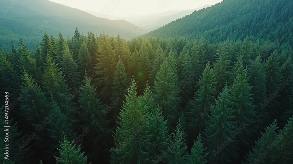 Poster aerial view of a lush evergreen forest at sunset, showcasing the dense tree canopy and mountainous b
