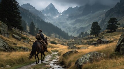 Horseback Rider Mountain Valley Alps Landscape.