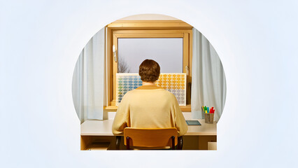 Autistic Adult Neurodivergent Sensory A person sitting at a desk, gazing out a window with frost-covered glass.