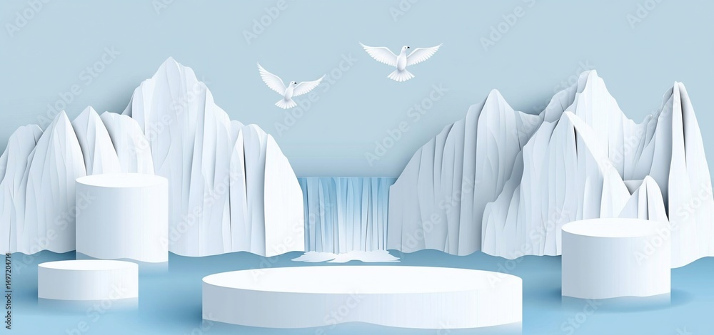 Aufkleber serene paper art mountainscape with waterfall and podiums, featuring two birds in flight.
