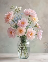Delicate pastel watercolor blooms in a glass vase  Soft hues, artistic brushstrokes , flowers, brushstrokes, illustration