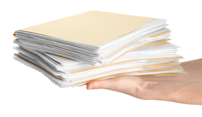 Woman holding stack of file folders with papers on white background, closeup