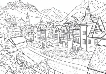 Zeichnung eines malerischen Bergdorfes