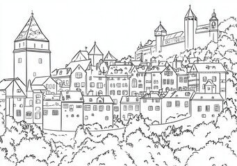 Zeichnung einer mittelalterlichen Stadtlandschaft