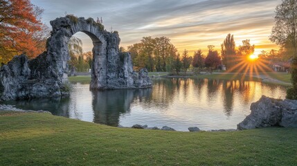 Scenic Autumn Bridge over Tranquil River at Sunset