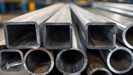 Steel pipes and rectangular tubing stacked for industrial use or construction. Material, manufacturing, and engineering concepts. The concept of metal fabrication and piping.