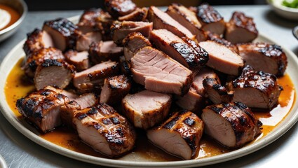 Succulent grilled meat sliced into pieces served on a white plate, with juices and a hint of charred flavor.