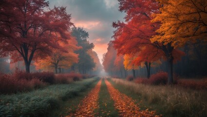Fototapeta premium Autumn forest path with colorful trees and fallen leaves during sunset. Nature scene. Scenic landscape. The concept of fall foliage and outdoor scenery