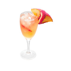 Peche Melba Cocktail - A sweet, fruity cocktail with fresh peaches, vanilla vodka, raspberry liqueur, and champagne, garnished