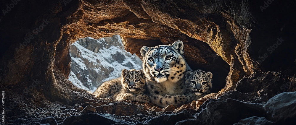 Poster snow leopard mother and cubs resting in a mountain cave.