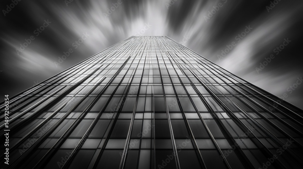 Aufkleber dramatic low-angle monochrome shot of a skyscraper reaching towards a dynamic, blurred sky.