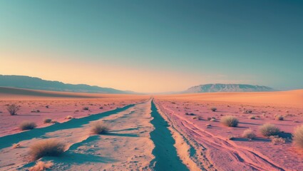 Fototapeta premium A desert landscape with a dirt road stretching into the horizon, pink sand, sparse vegetation, and mountains in the distance during sunset or sunrise.