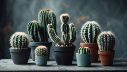 A collection of various cacti in pots, arranged on a wooden surface against a textured background.