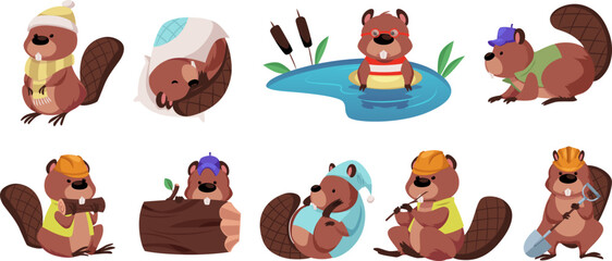 Cute beavers collection, vector cartoon wild rodent animal gnawing wood trunk, floating in pond, sleeps, builder worker © sabelskaya
