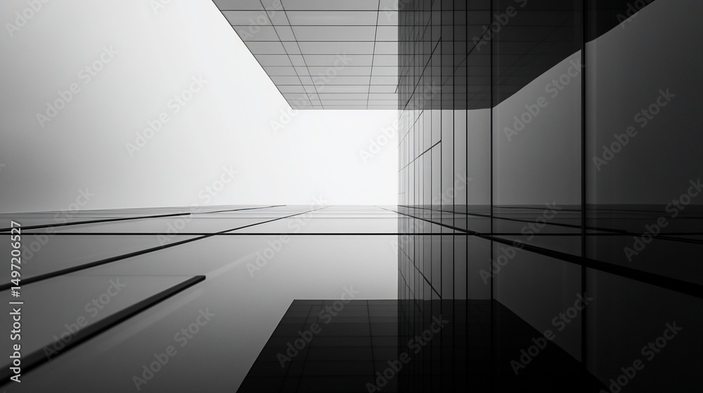 Poster abstract grayscale image of modern glass architecture, showcasing geometric lines and reflections.