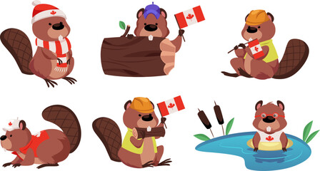 Fototapeta premium Cute beavers with Canadian flag and clothes, vector cartoon collection of rodent animal, wild fauna patriotic character