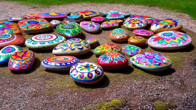 Hand painted rocks display vibrant colors and intricate designs on a gravel path, creating an artistic outdoor arrangement.