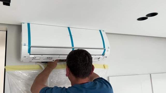 Master in uniform installs or repairs the air conditioner in the apartment room.
