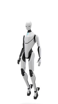 Futuristic white humanoid robot smoothly flying forward High-tech white android levitating and moving closer to the camera demonstrating futuristic design and advanced robotic AI technology with alpha