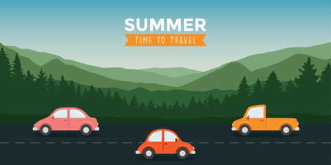 Fototapeta premium cars drive on the road in mountain landscape vector illustration
