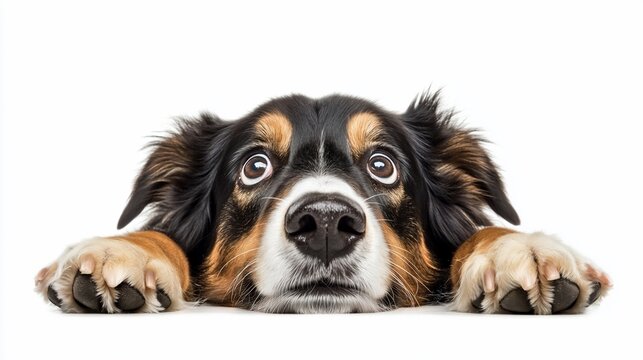 Adorable border collie puppy with big eyes looking up, resting paws on white background.