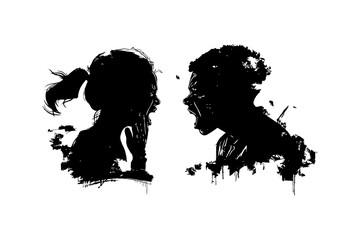 Fototapeta premium Silhouettes of two people facing off and yelling, depicted in an abstract ink splash style on a plain white background, concept of conflict, divorce, conflict and misunderstanding in family