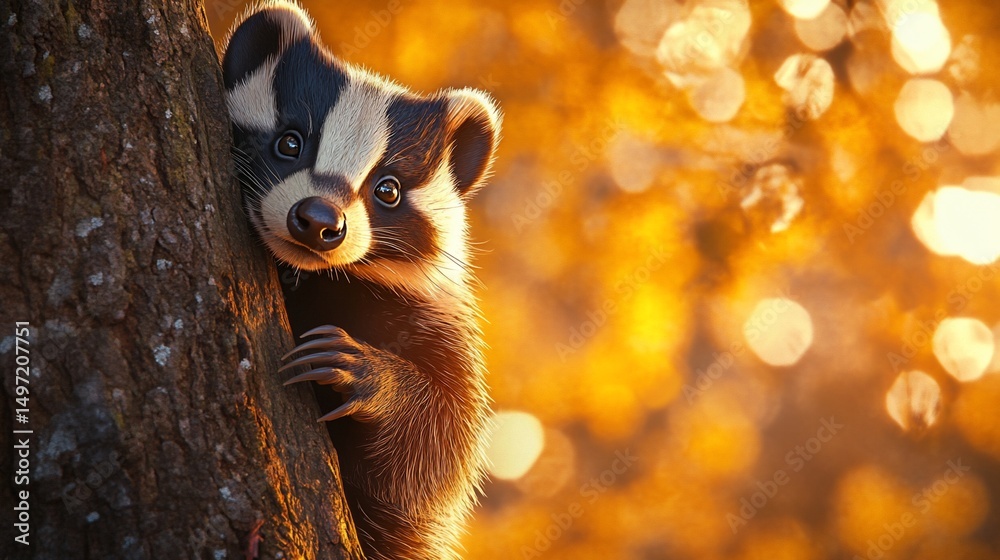 Aufkleber cute badger peeking from behind a tree trunk in autumnal forest.