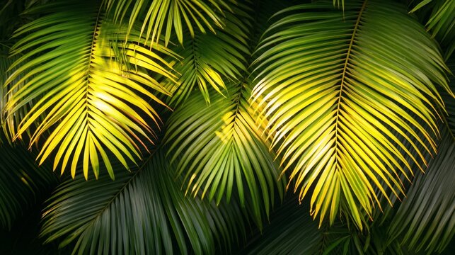 Lush green and yellow palm fronds backlit by sunlight, creating a vibrant tropical foliage texture.