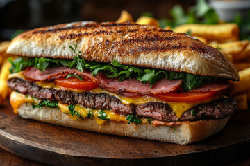 Uruguayan chivito sandwich, layered with steak, ham, cheese, lettuce, and tomatoes, served with crispy fries on a wooden platter, bright daylight highlighting the dish's vibrant colors