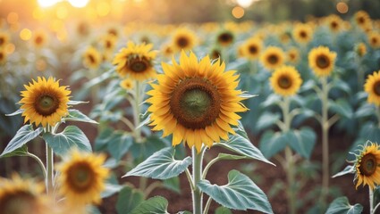 Fototapeta premium Sunflower field during sunset, vibrant yellow blooms, lush green leaves, warm lighting, nature scene, floral landscape.