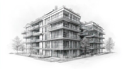 Fototapeta premium Architectural Sketch: Modern Apartment Building Design