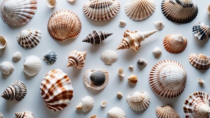 Assorted seashells scattered on a white surface with the old image name: 922