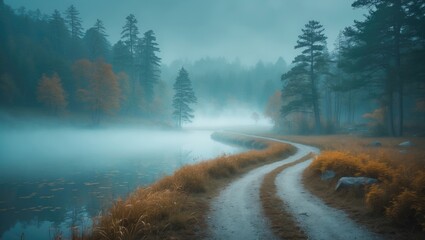 A peaceful forest landscape with a dirt path alongside a river, surrounded by trees and misty atmosphere. Nature and scenery, tranquility. The scene of wilderness and serenity.