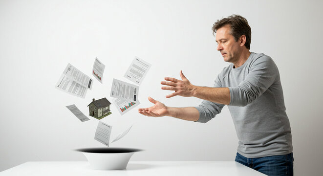 Man throwing house  papers in hole