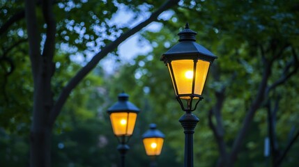 Illuminated Park Pathway: A Serene Evening Scene