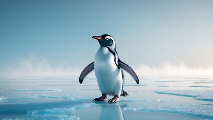 Obraz premium Penguin standing on ice in a cold, icy landscape.