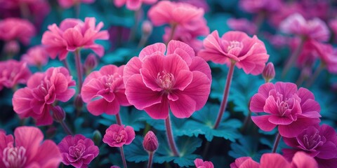 Fototapeta premium Pink flowers in full bloom, vibrant garden, floral scenery, beautiful blossoms, lush green background, nature, and springtime.