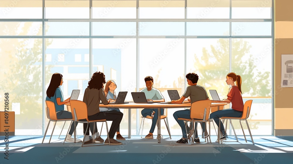 Poster Diverse students collaborate on laptops around a circular table in a bright classroom near large windows.