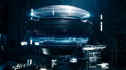 Futuristic circular device with glowing blue light bands in advanced laboratory, equipment, and a dark industrial setting for science fiction themes - Powered by Adobe