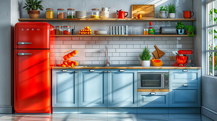 Sunlight illuminating modern kitchen with red appliances and wooden shelves