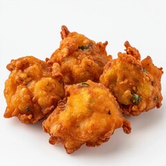 Pile of four crispy pakoras isolated on white background