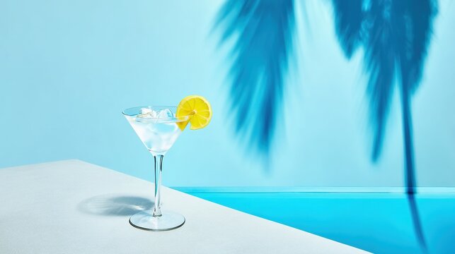 Martini glass with lemon slice and ice cubes on a table, set against a blue swimming pool, with a light, white, and sky-blue color scheme, soft lighting, simple design, minimalist composition