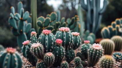 Fototapeta premium A variety of cacti with pink flowers in a desert garden.