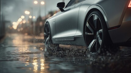 Sleek silver sports car tire immersed in a puddle of water, dynamic water droplets frozen in mid-air, cinematic lighting, ultra-realistic rendering