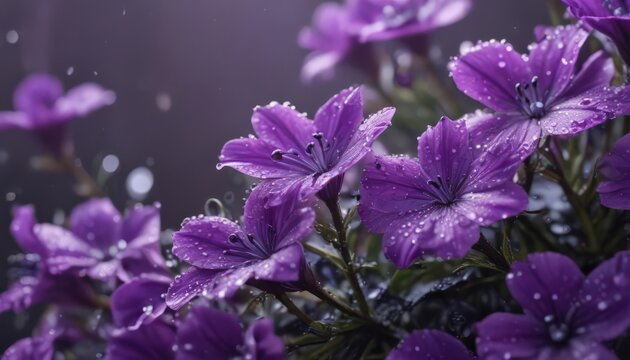 Close-up vibrant purple petals, dew drops glistening ,  botany,  blossom