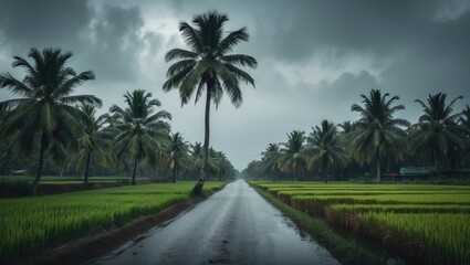 Lush green rice fields with tall palm trees lining a dirt road under a cloudy sky. Nature landscape and agriculture scene.