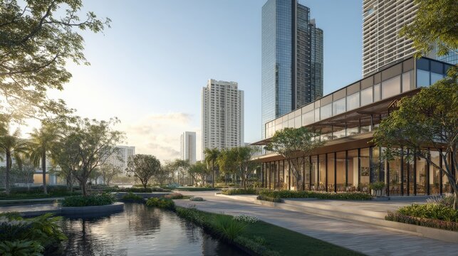 Nature-integrated business center with solar rooftops and climate-friendly infrastructure..