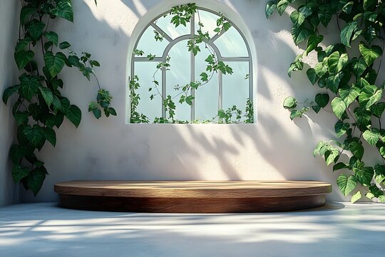 Sunlit Wooden Display Platform with Lush Greenery and Arch Windo